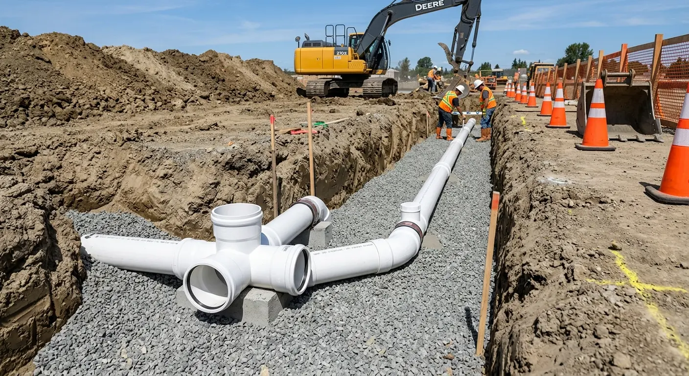 New PVC sewer pipe installation in open trench for Commercial Drain Cleaning in Peekskill