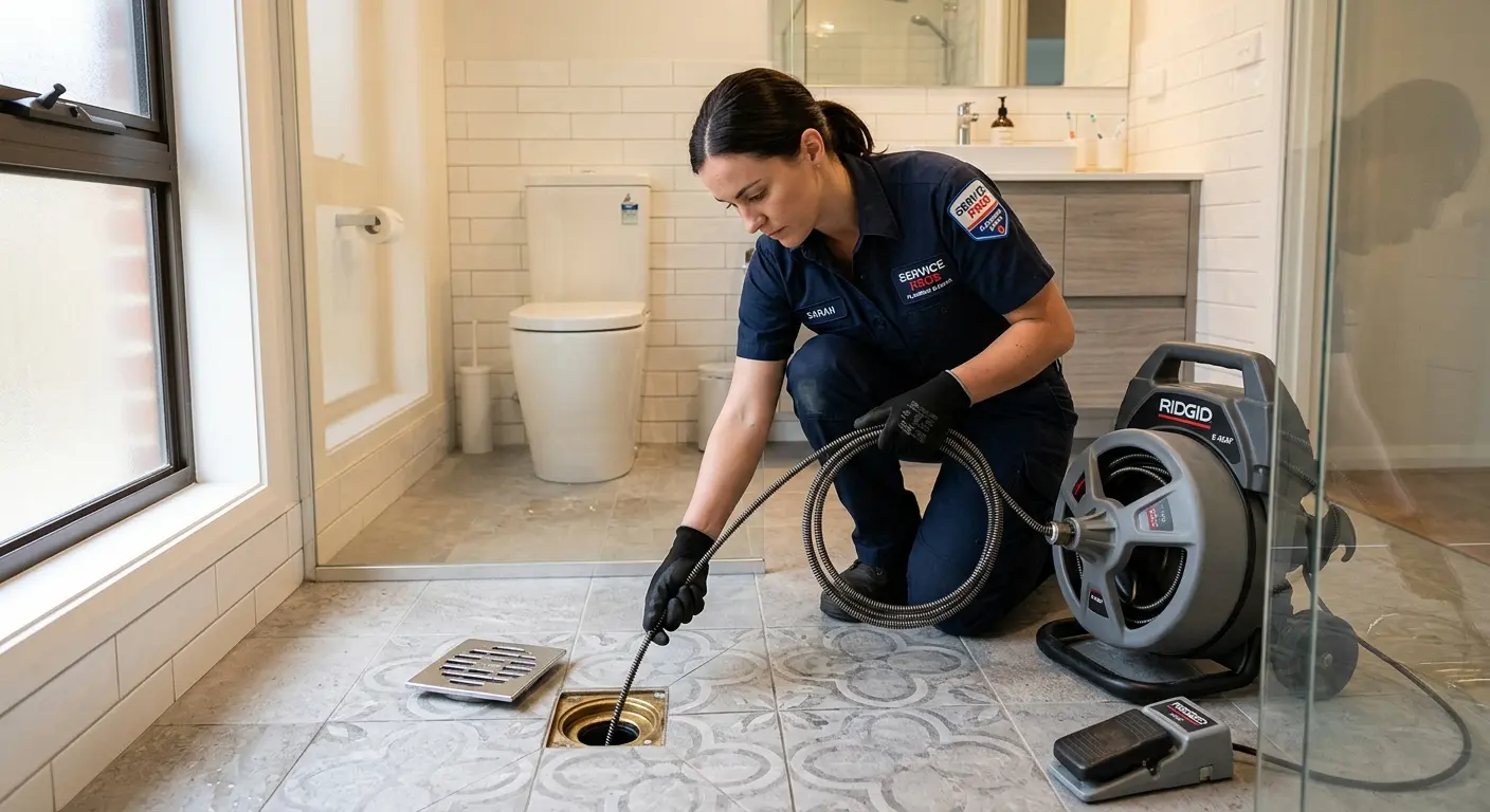 Technician clearing a bathroom floor drain for Sewer Line Replacement in Peekskill
